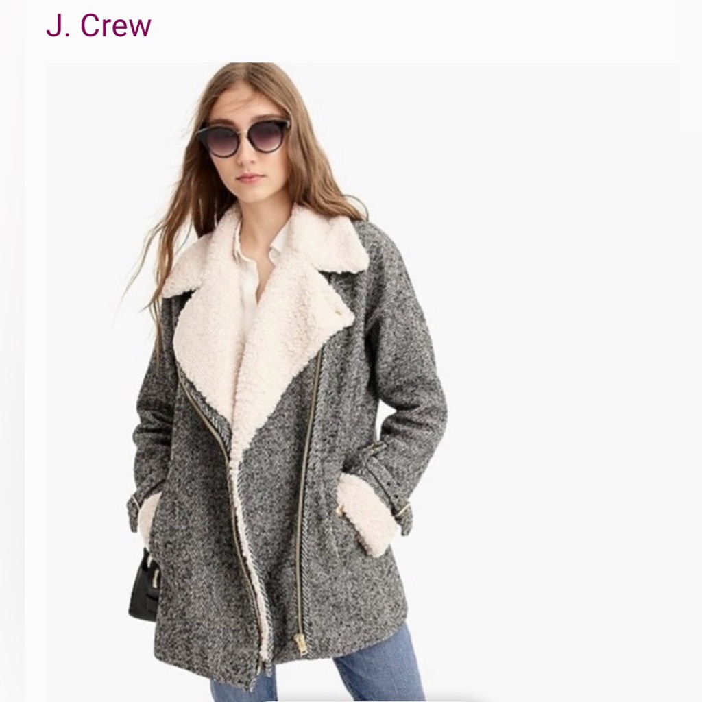 J. Crew Gray Oversized Herringbone Sherpa Moto Jacket Sz Xxs